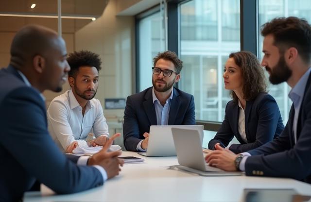 Business professionals discussing strategy around a table in a modern office setting